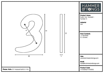 80mm Black Rustic Iron House Number 3