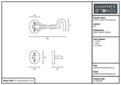125mm Black Ornate Cabin Hook and Eye