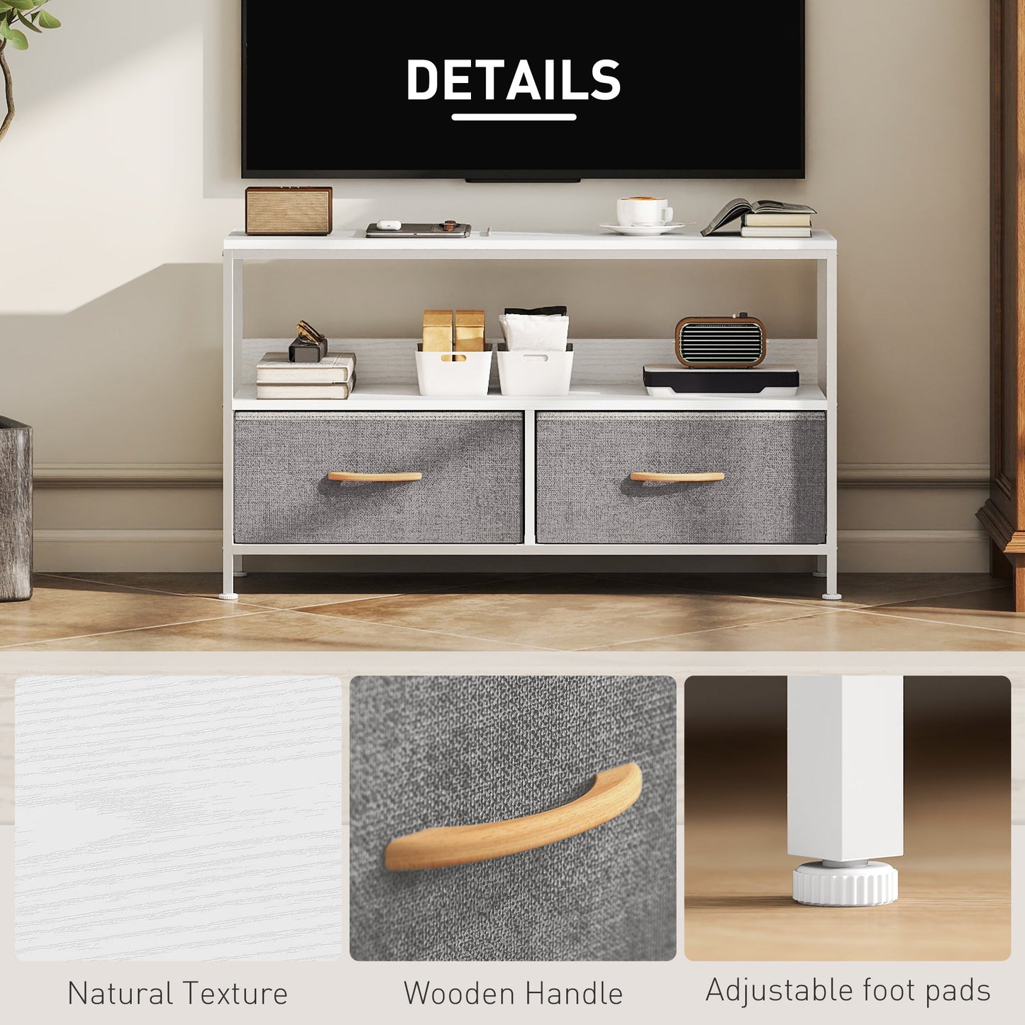 HOMCOM TV Stand Cabinet with 2 Foldable Drawers - White