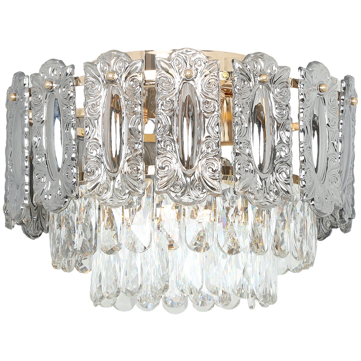 HOMCOM Chandelier Ceiling Light, 3-Light Flush Mount Fixture with Dual Crystal and Smoke Glass Shade, 40 cm LED Ceiling Light for Living Room Bedroom, 3 E14 Sockets, Bulbs Not Included, Gold Tone