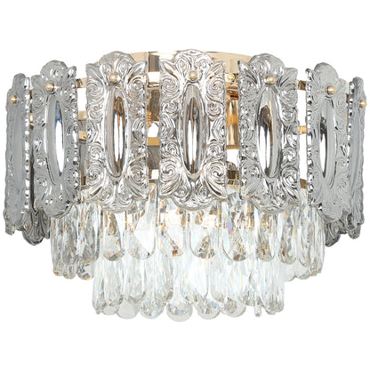 HOMCOM Chandelier Ceiling Light, 3-Light Flush Mount Fixture with Dual Crystal and Smoke Glass Shade, 40 cm LED Ceiling Light for Living Room Bedroom, 3 E14 Sockets, Bulbs Not Included, Gold Tone