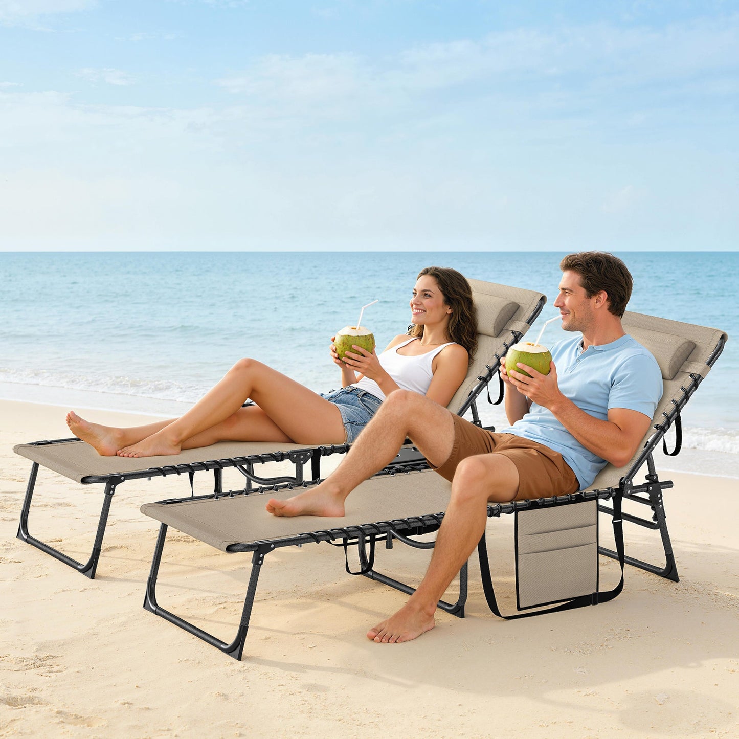 Outsunny Five-Position Reclining Sun Loungers Set of 2 - Beige