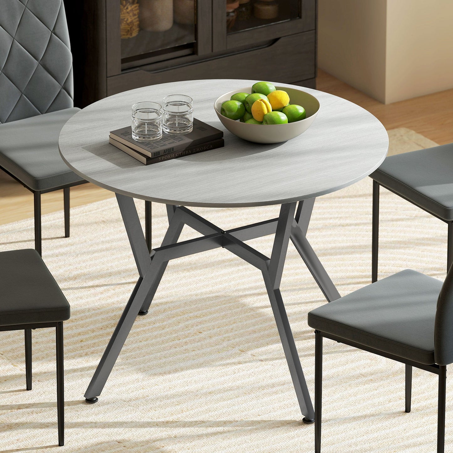 HOMCOM Dining Table, Round Kitchen Table with Black Legs, Anti-slip Foot Pads for Living Room, Dining Room 90 x 76 cm, Grey
