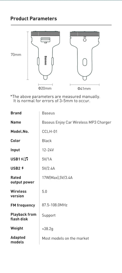 Baseus FM Transmitter Modulator Car Wireless Bluetooth 5.0 USB Fast Charger Auto Aux Radio Mp3 Player Music Hands Free Car Kit