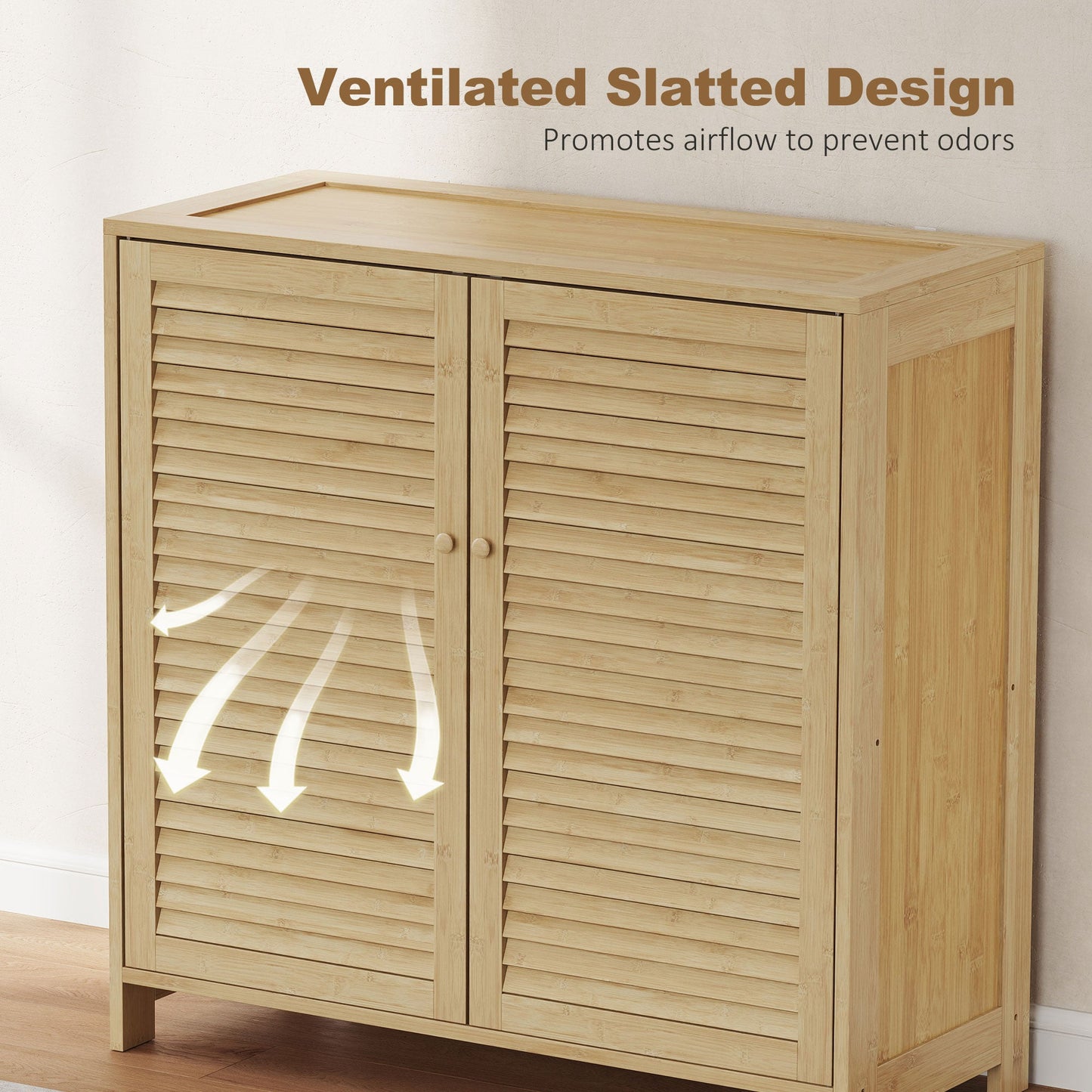 HOMCOM Bamboo Shoe Cabinet with Louvered Doors, 14 Pairs Shoe Storage Cabinet with Adjustable Shelves for Hallway, Natural