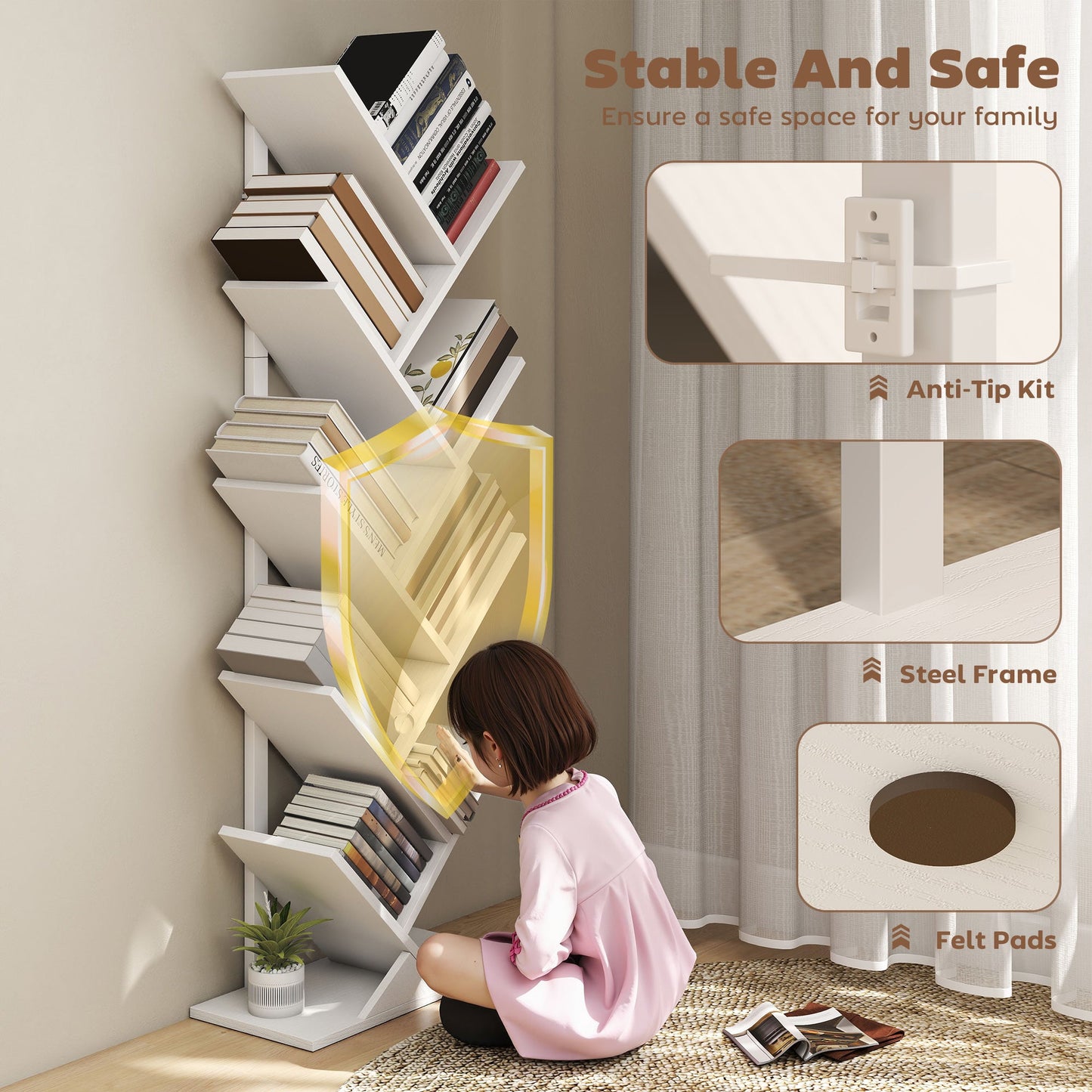 HOMCOM 9-Tier Tree Bookshelf, Industrial Free Standing Bookcase with Steel Frame, Display Storage White