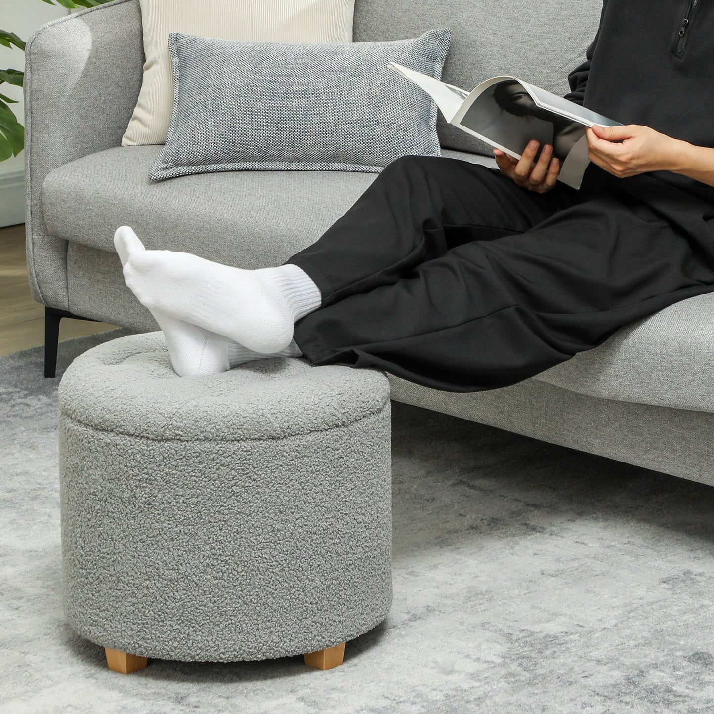 HOMCOM 31.8L Teddy Fleece Storage Ottoman - Grey