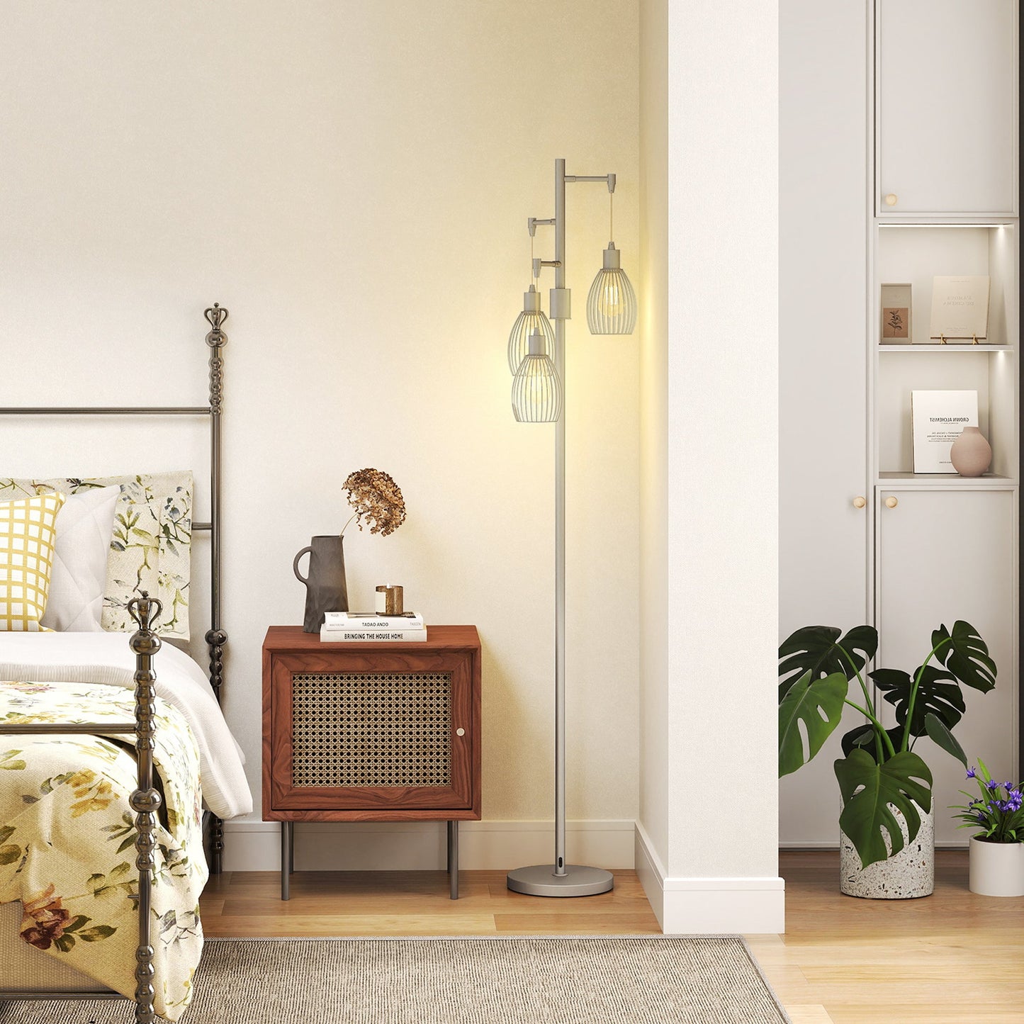 HOMCOM 3-Light Floor Lamp, 170cm Industrial Dimmable Standing Lamp with Steel Wire Cage Lampshades for Living Room, Bedroom, Dining Room, Study, Silver Tone