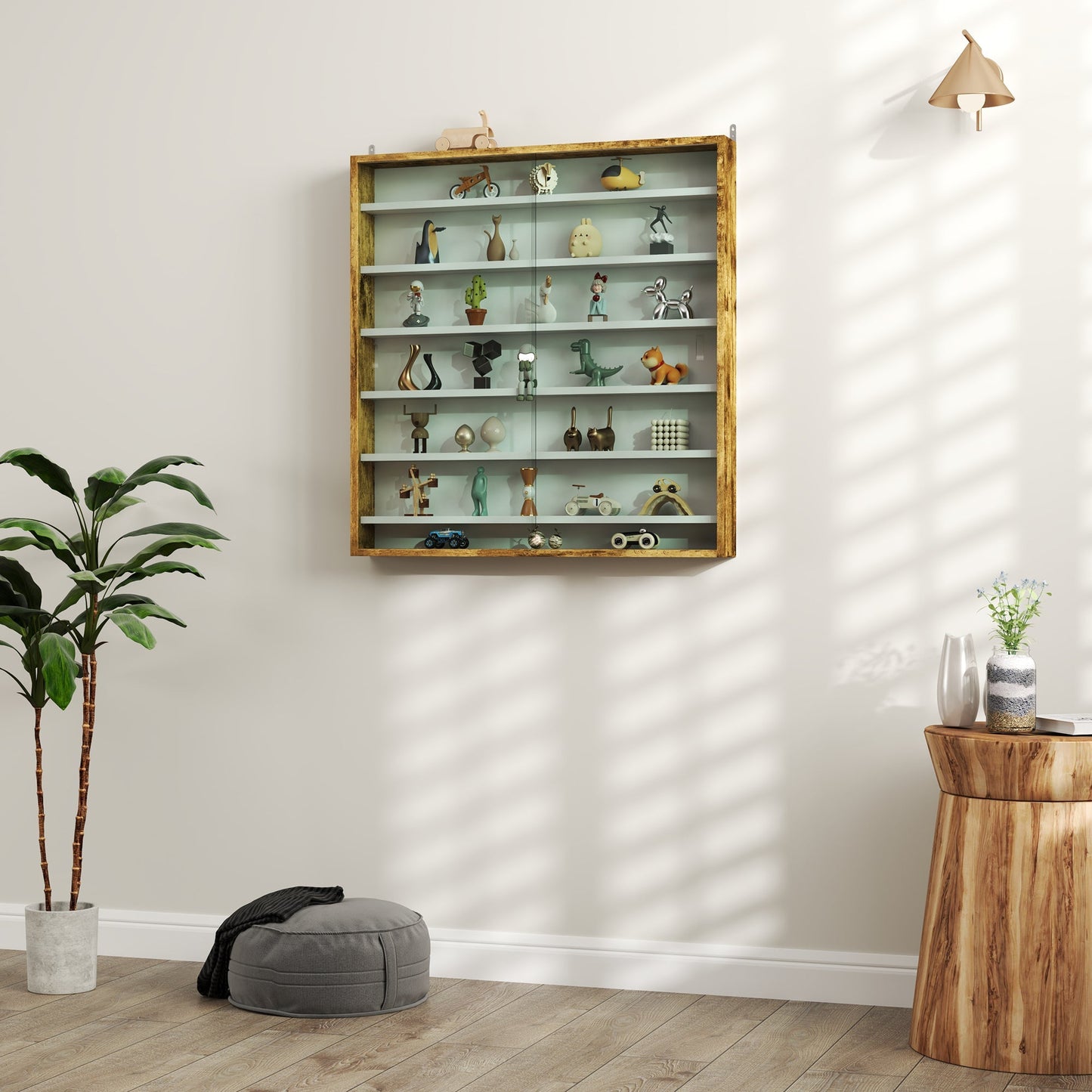 HOMCOM 7-Tier Wall Display Shelf Unit Cabinet w/ 6 Adjustable Shelves Glass Doors Home Office Ornaments 83x80cm, Oak