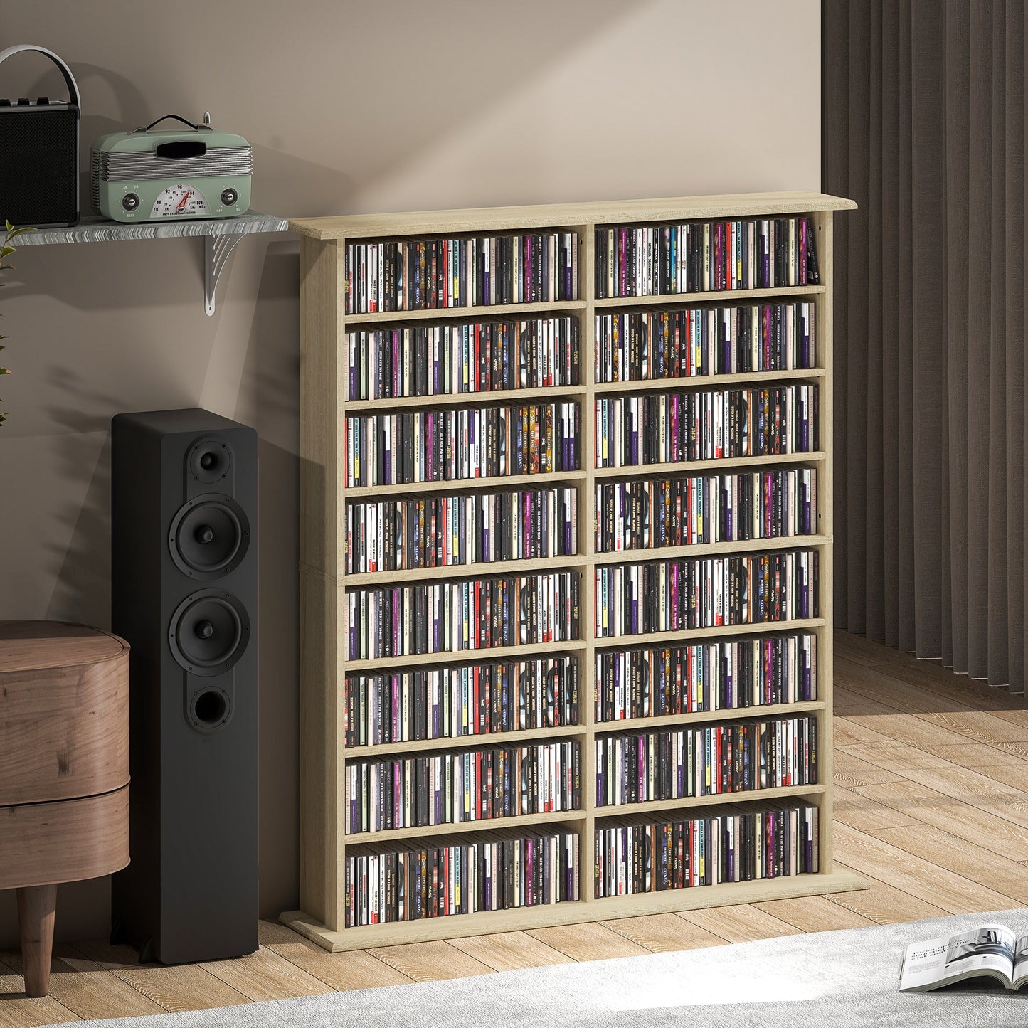 HOMCOM 16-Compartment Media Shelf - Nature Wood Finish