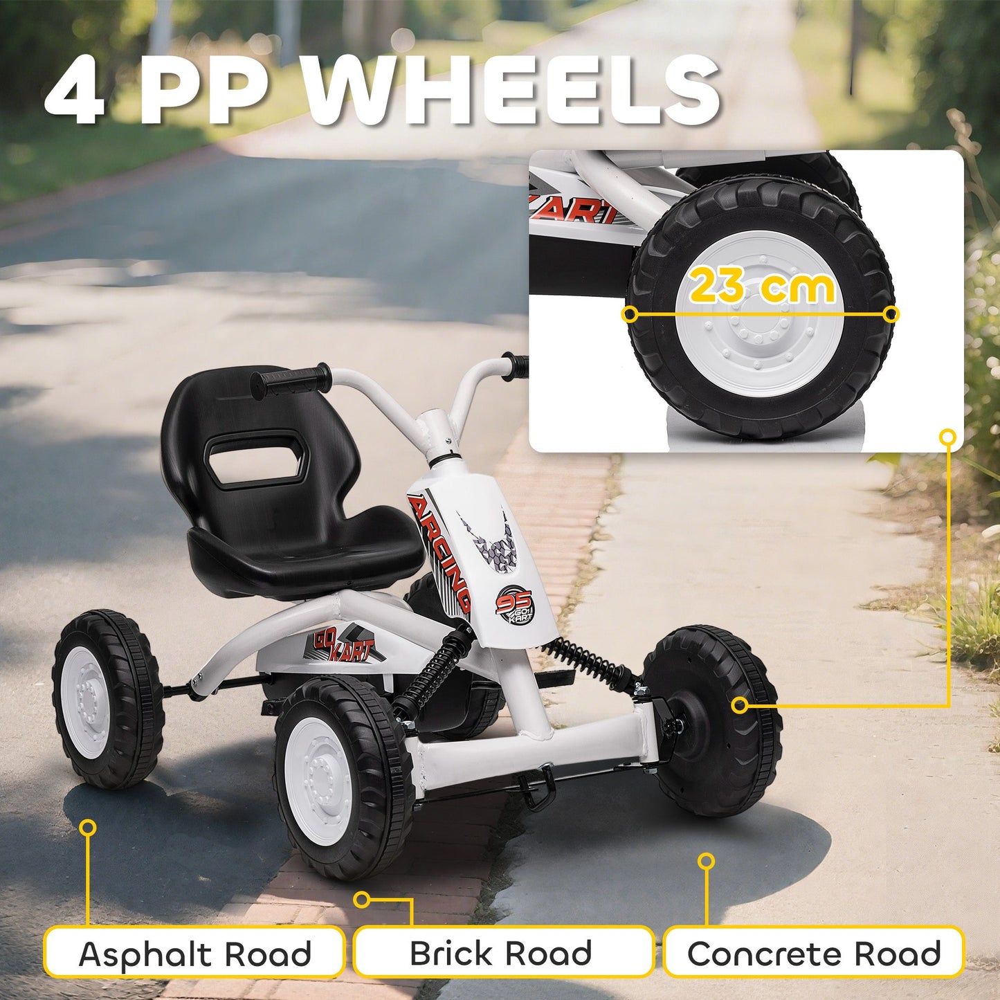AIYAPLAY Kids Pedal Go Kart with Steel Frame, Sporty Design, for Ages 2-5 Years, White