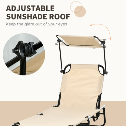 Outsunny 2 Piece Folding Sun Loungers with Canopy, Adjustable Recliner Garden Chairs with Side Pocket, Steel Frame and Breathable Mesh for Outdoor, Pool, Beach, Garden, Tan Brown
