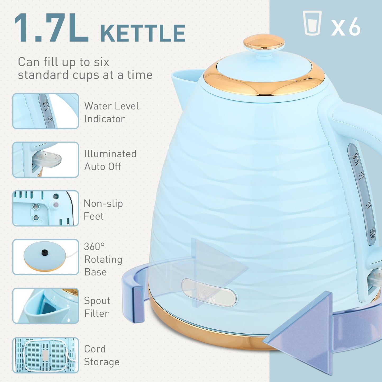 HOMCOM 3000W 1.7L Kettle & 4 Slice Toaster, Kettle and Toaster Set with 7 Browning Controls and Crumb Tray, Light Blue