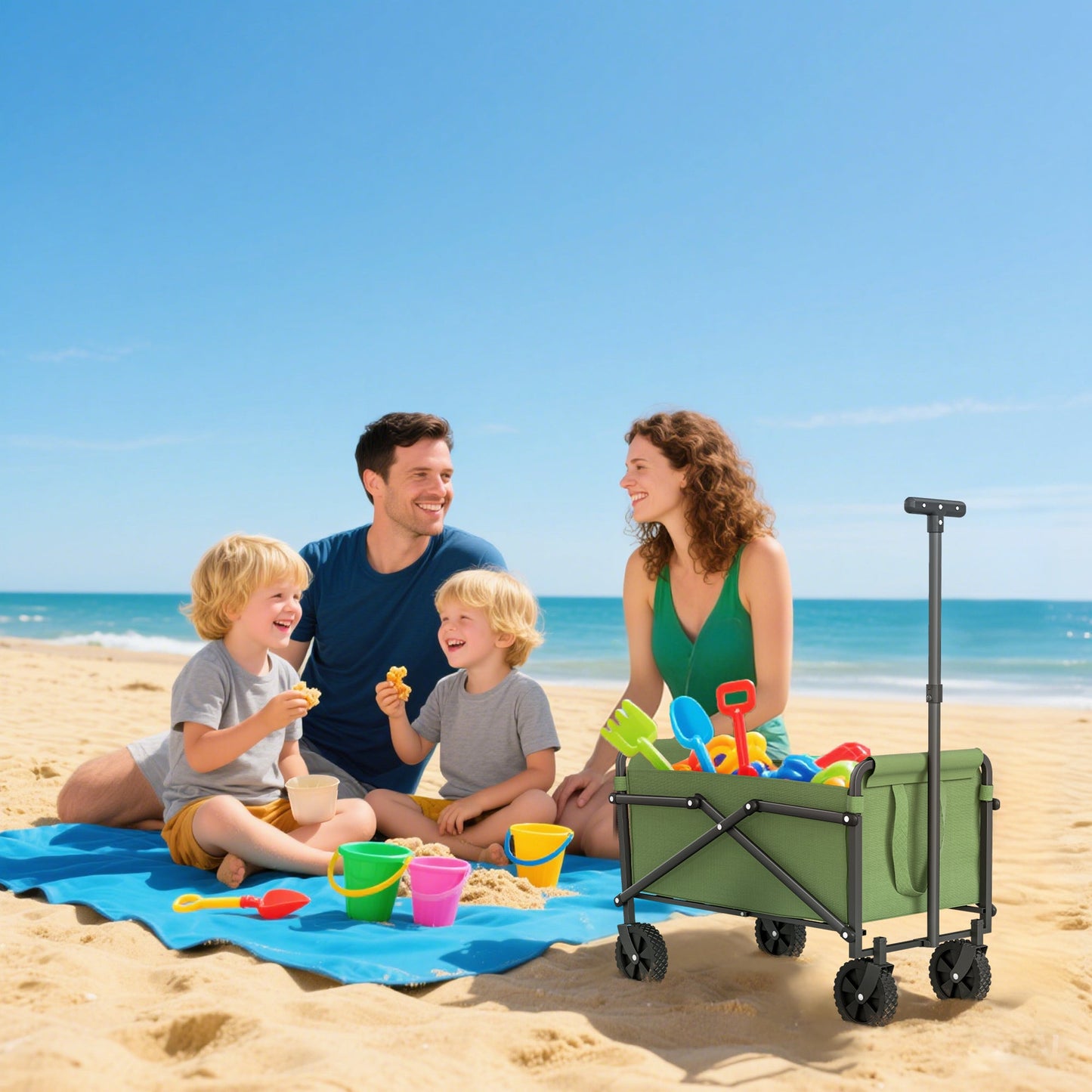 Outsunny 41L Festival Trolley on Wheels, Small Garden Folding Trolley Cart, 60kg Heavy Duty Collapsible Folding Wagon with Adjustable Handle and Carrying Bag for Beach, Camping, Festival, Green