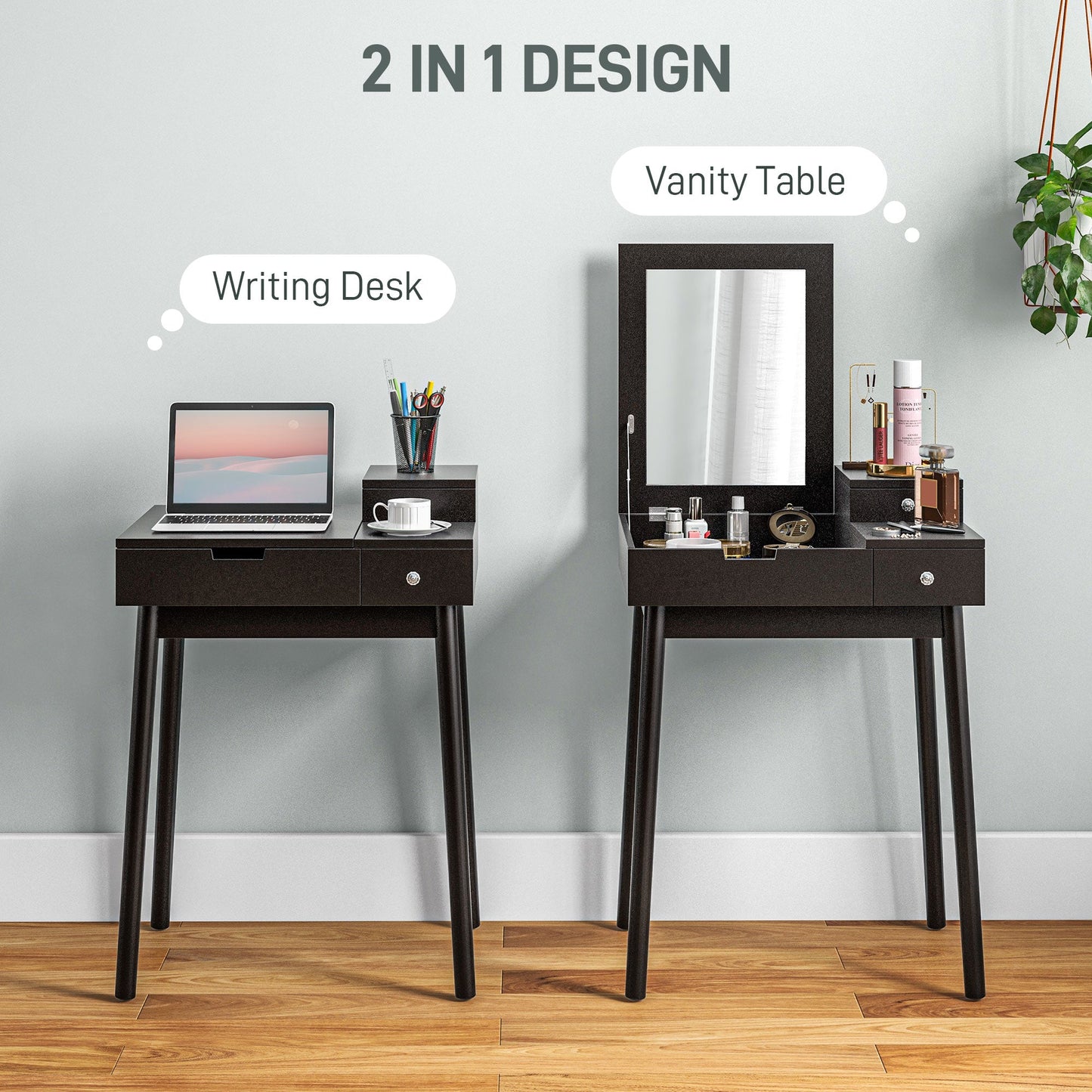 HOMCOM Dressing Table with Flip-up Mirror, Makeup Desk with 2 Drawers, Vanity Table Writing Desk for Bedroom Living Room, Black