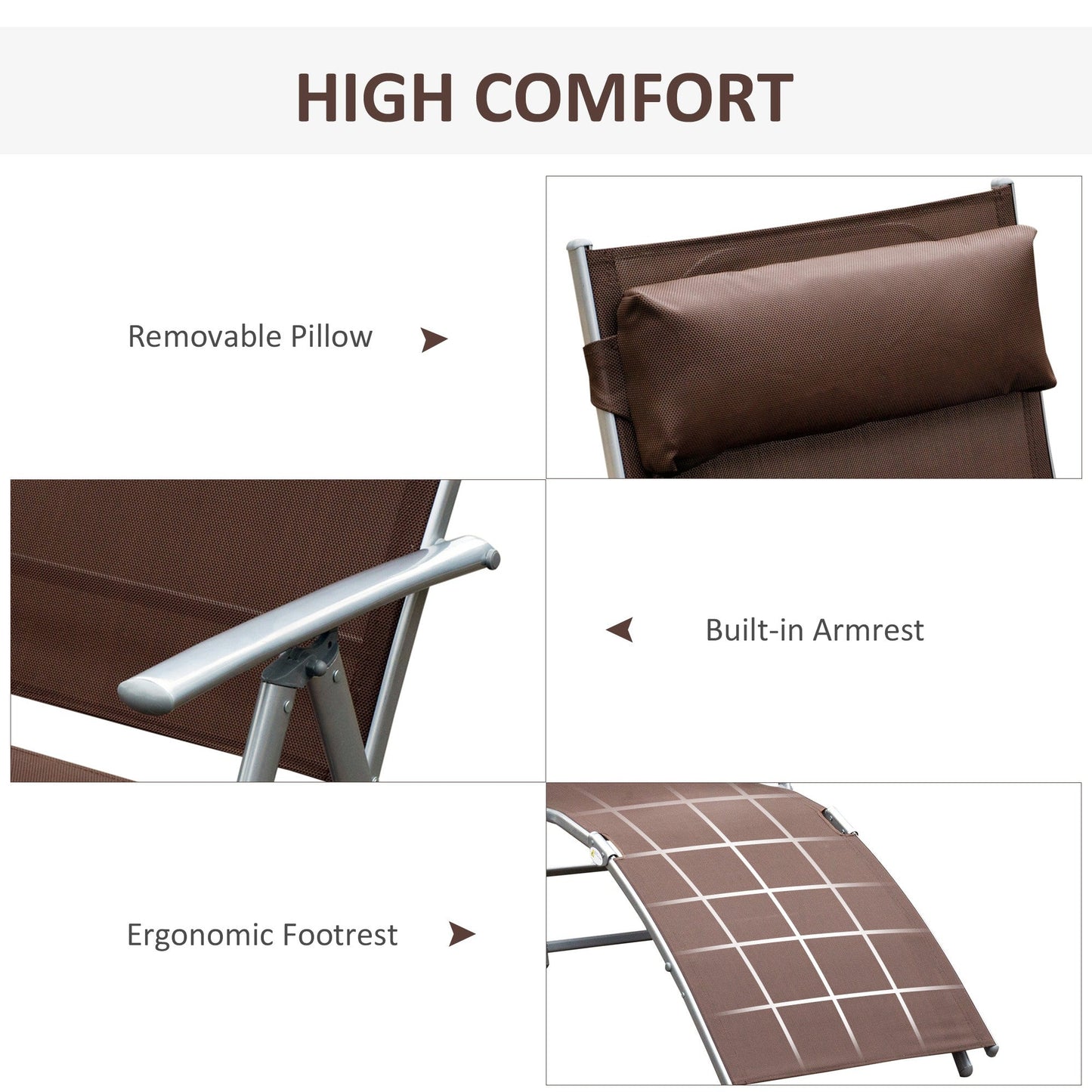 Outsunny Sun Lounger Steel Frame Outdoor Folding Chaise Texteline Lounge Chair Recliner with Headrest & 7 Levels Adjustable Backrest, Brown
