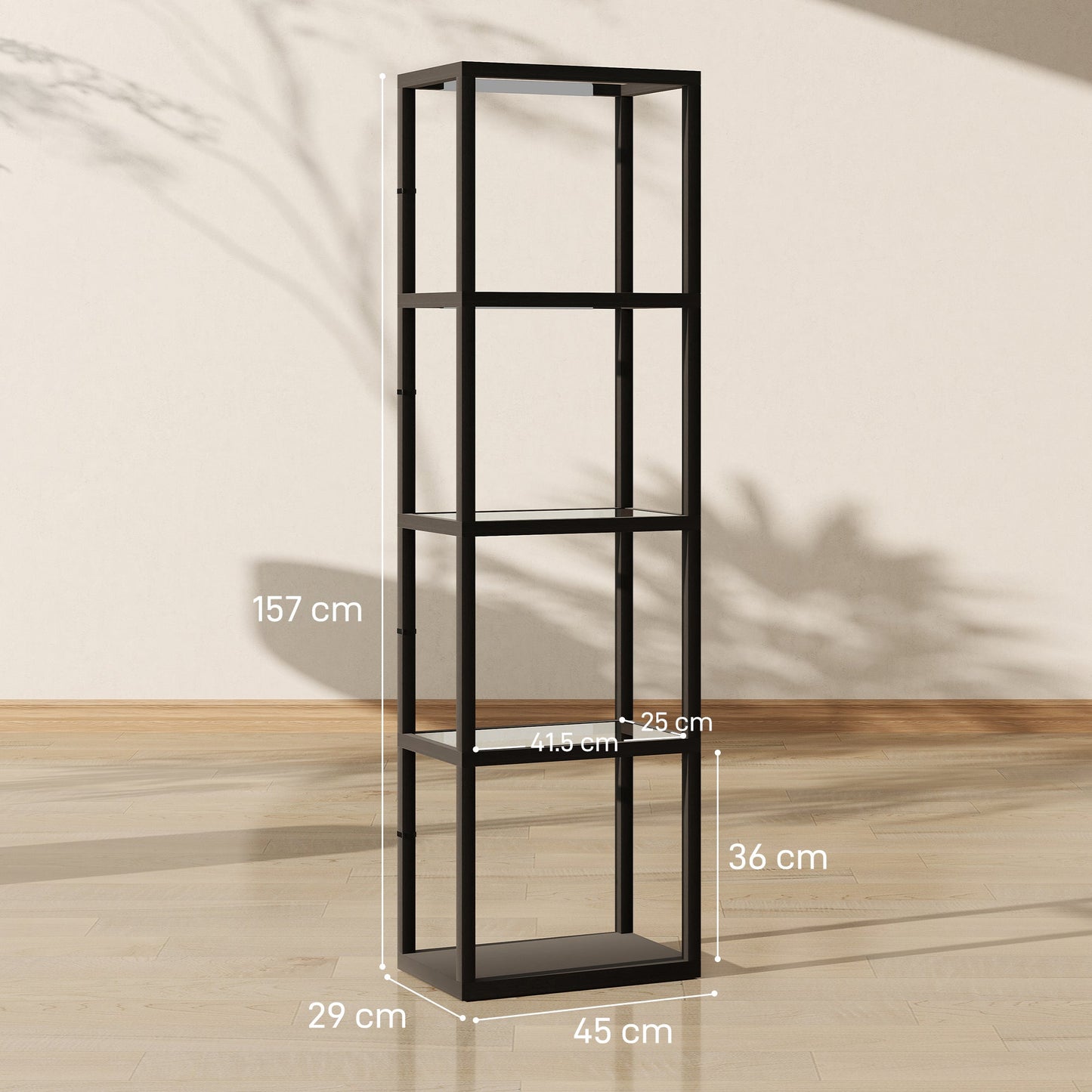 HOMCOM LED Floor Lamp with Glass Shelves, 4 Layers Dimmable Tall Standing Lamp, Modern Column Shelf Floor Light for Living Room, Bedroom, Office, Black
