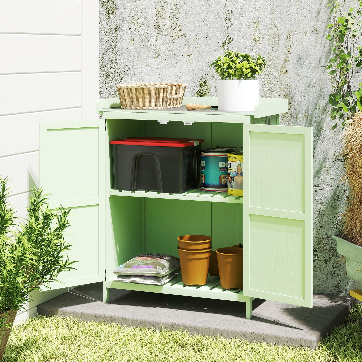 Outsunny Wooden Garden Shed, Garden Tool Storage Shed with Hinged Roof and Shelf, Outdoor Storage Cabinet with Double Doors, Light Green