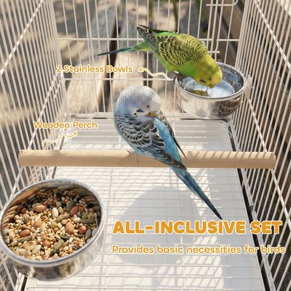 PawHut Bird Cage Foldable Portable Budgie Cage with Wooden Perch 2 Bowls for Travel 49 x 31 x 40 cm White