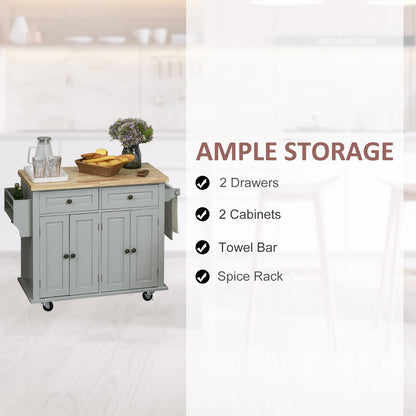 HOMCOM Rolling Kitchen Island Storage Trolley with Rubber Wood Top & Drawers for Dining Room, Grey