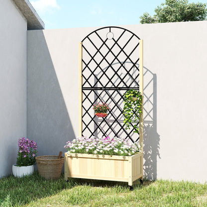 Outsunny Raised Garden Bed with Metal Trellis, Wooden Elevated Planter Box with Lockable Wheels, Outdoor Raised Planter, Natural