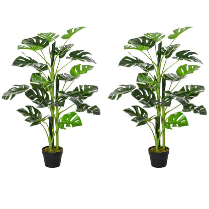 Outsunny 100cm/3.3FT Artificial Monstera Tree Decorative Cheese Plant 21 Leaves with Nursery Pot, Fake Tropical Palm Tree for Indoor Outdoor D\'c3\'a9cor, Set of 2