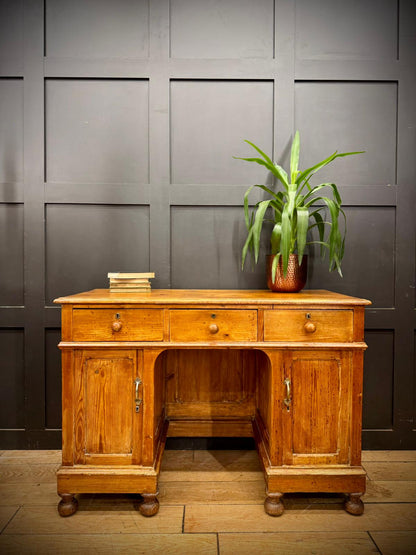 Antique Pine Pedestal Desk Dressing Table with Cupboards & Drawers