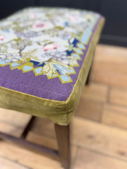 Antique Victorian Needlepoint Upholstered Stool with Mahogany Legs