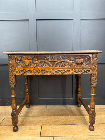 Antique Carved Oak Side Table with Drawer / Occasional Lamp Hall Table