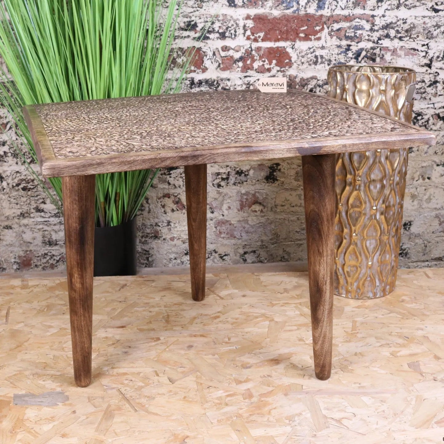 Ibra Large Side Table Burnt Mango Wood Hand Carved