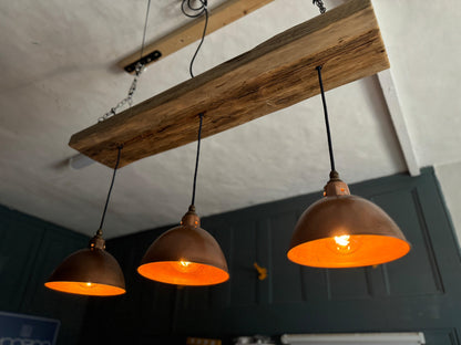 Wooden Beam Light with Copper Shades | Kitchen Island & Breakfast Bar Lighting