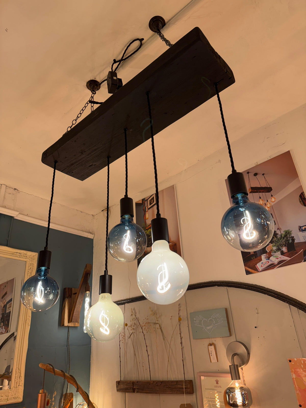 Wooden Chandelier with Black Canopy | Rustic Kitchen Island Lighting UK