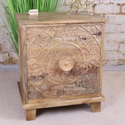 Ladha Mango Wood Carved Bedside Table Cabinet