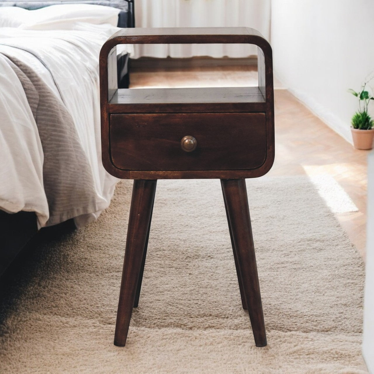 Mini California Walnut Curved Bedside with Open Slot