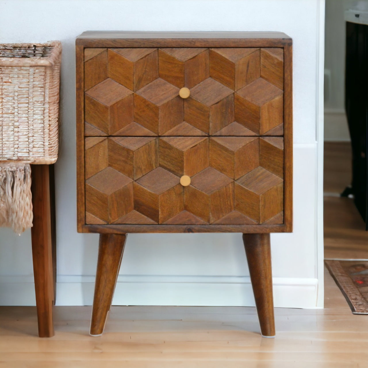 Chestnut Cube Carved Bedside