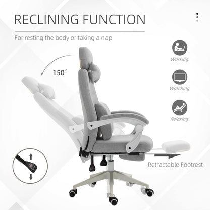 Vinsetto Office Chair, Ergonomic Desk Chair, High Back Fabric Work Chair with 160\'c2\'b0 Reclining Backrest, Retractable Footrest, Neck and Lumbar Pillow for Home and Study, Grey