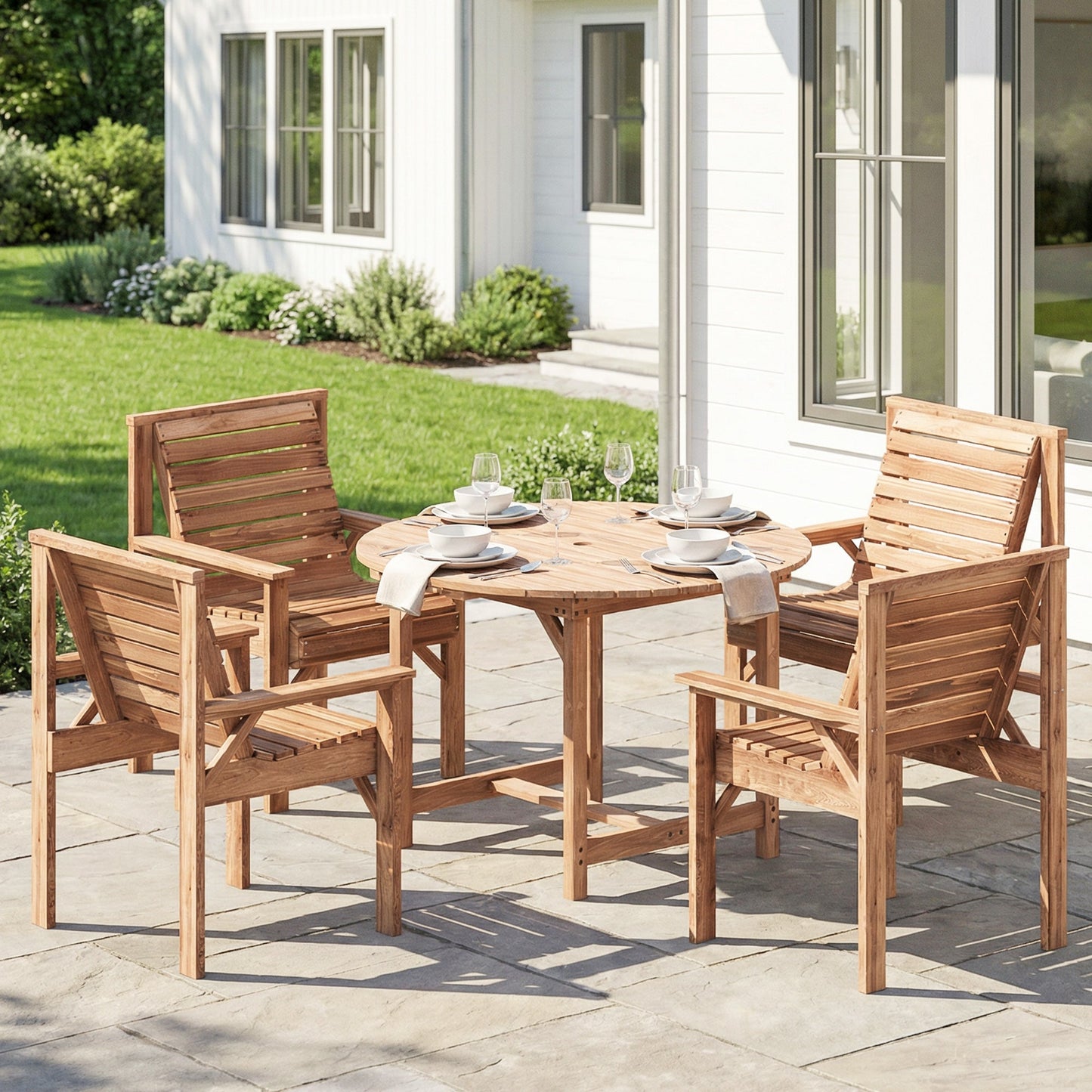 Outsunny 5 Pieces Garden Dining Set with Parasol Hole, Round Outdoor Table and Chairs, 4 Seater Wooden Garden Furniture, Natural