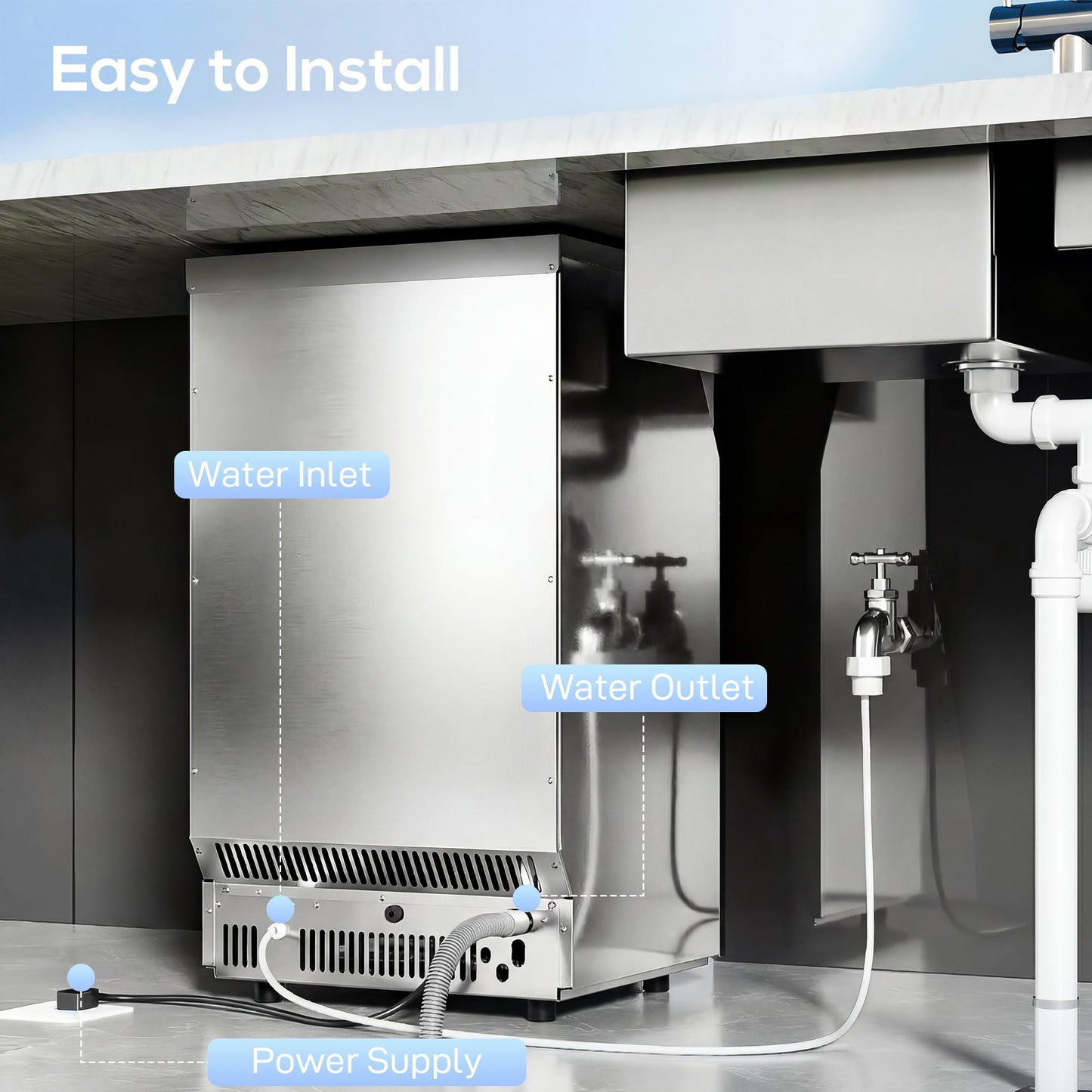 HOMCOM Commercial Ice Maker Machine, 45kg/24H Stainless Steel Under Counter or Freestanding Ice Machine, Silver