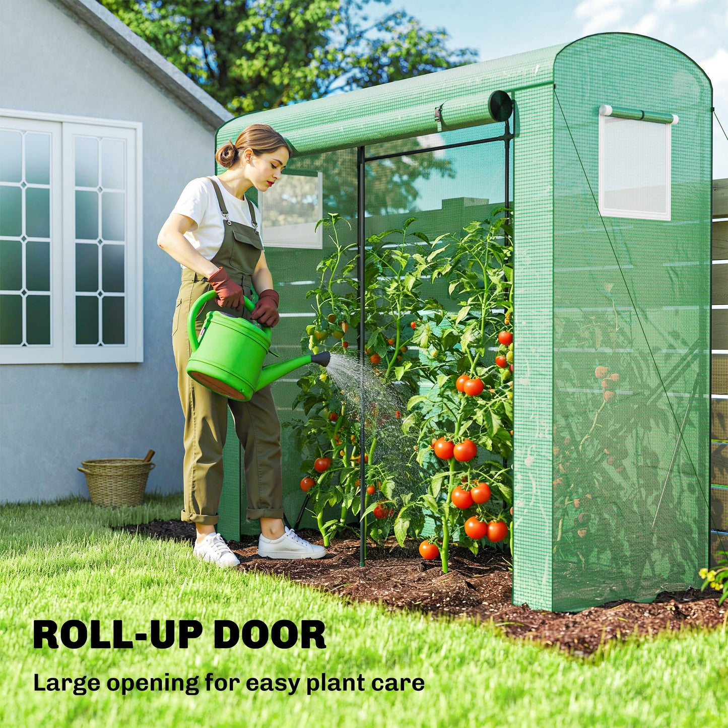 Outsunny Mini Greenhouse, Garden Tomato Growhouse with Roll-Up Door and 2 Mesh Windows, PE Cover, 200 x 75 x 188 cm, Green