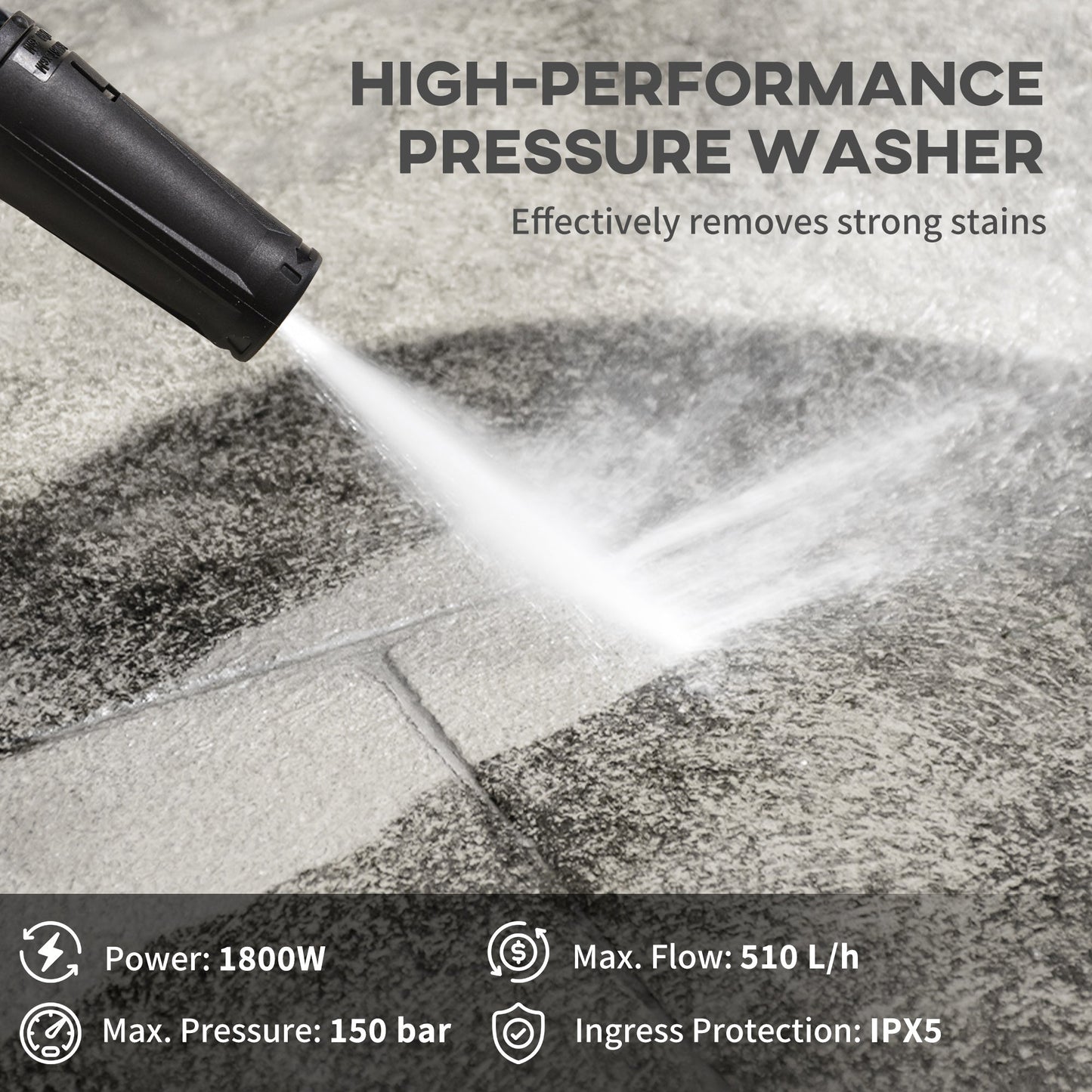 DURHAND 1800W High\'c2\'a0Pressure\'c2\'a0Washer, 150 Bar Pressure, 510 L/h Flow, High-Performance Portable Power Washer Jet Wash Cleaner with 6M Hose and Hose Reel for Garden, Car, Furniture, Yellow