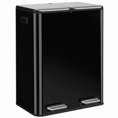 HOMCOM 2 x 30L Double Kitchen Bin, Stainless Steel Pedal Rubbish Bin with Dual Compartments, Soft Close Lids, High Gloss Black