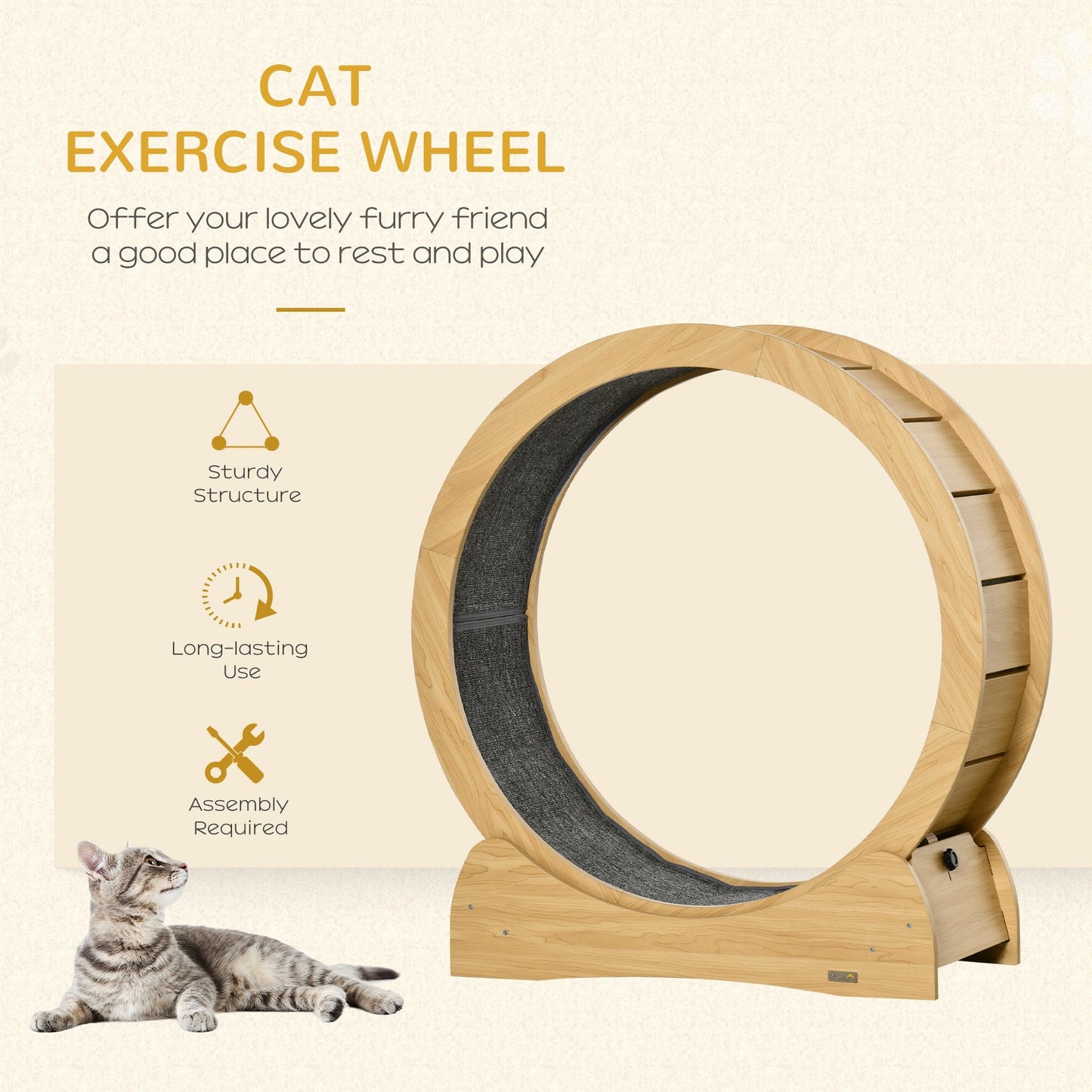 PawHut 30" Wooden Cat Running Wheel with Brake, Natural Wood Finish