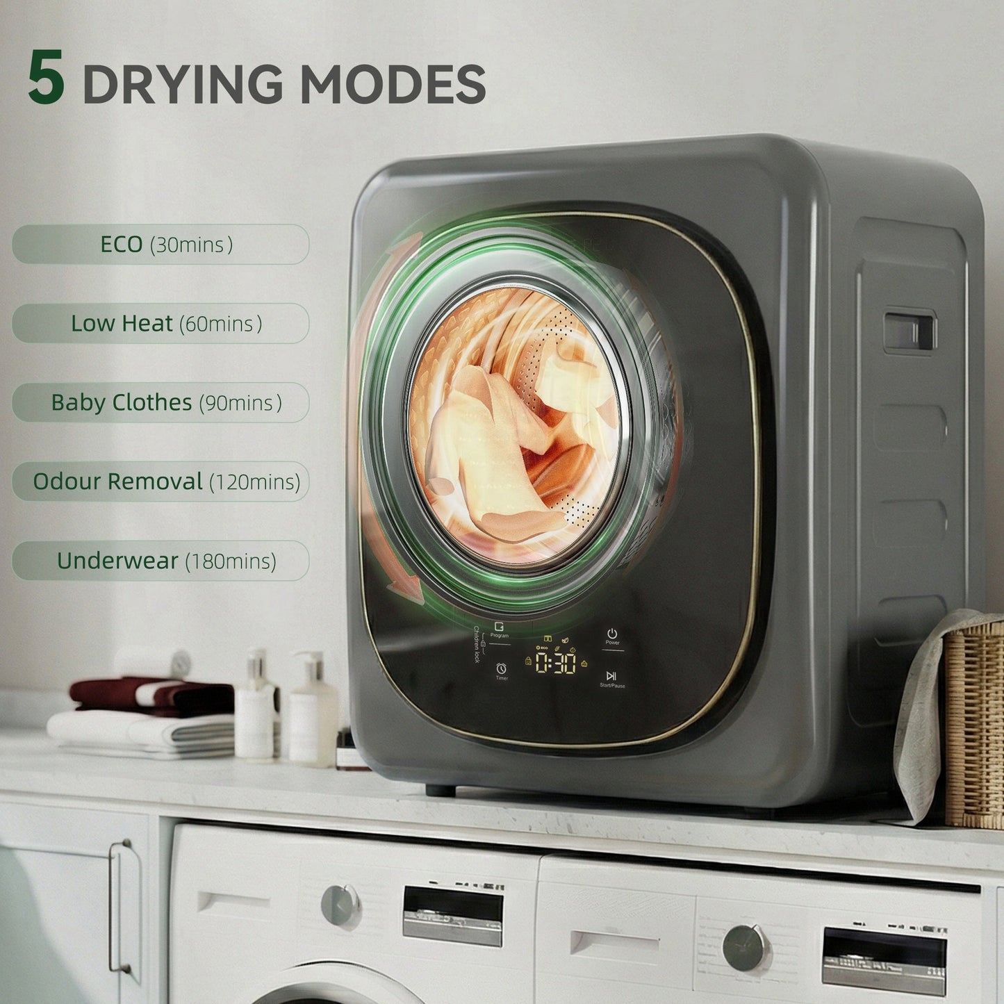 HOMCOM 4kg Vented Tumble Dryer with 5 Drying Mode, 800W Compact Freestanding Front Tumble Dryer Grey