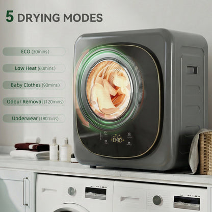 HOMCOM 4kg Vented Tumble Dryer with 5 Drying Mode, 800W Compact Freestanding Front Tumble Dryer Grey