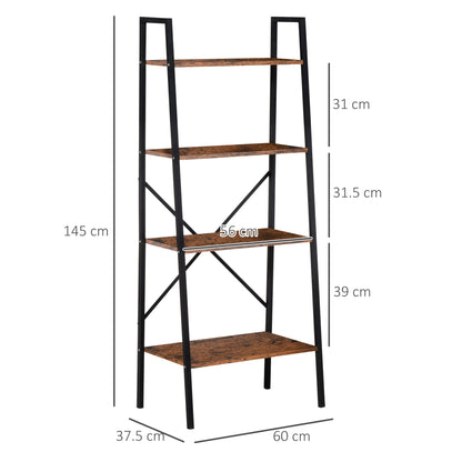 HOMCOM Bookcase 4-Tier Vintage Ladder Shelf with Wood Storage Rack, Stand Plants Display, Black and Brown