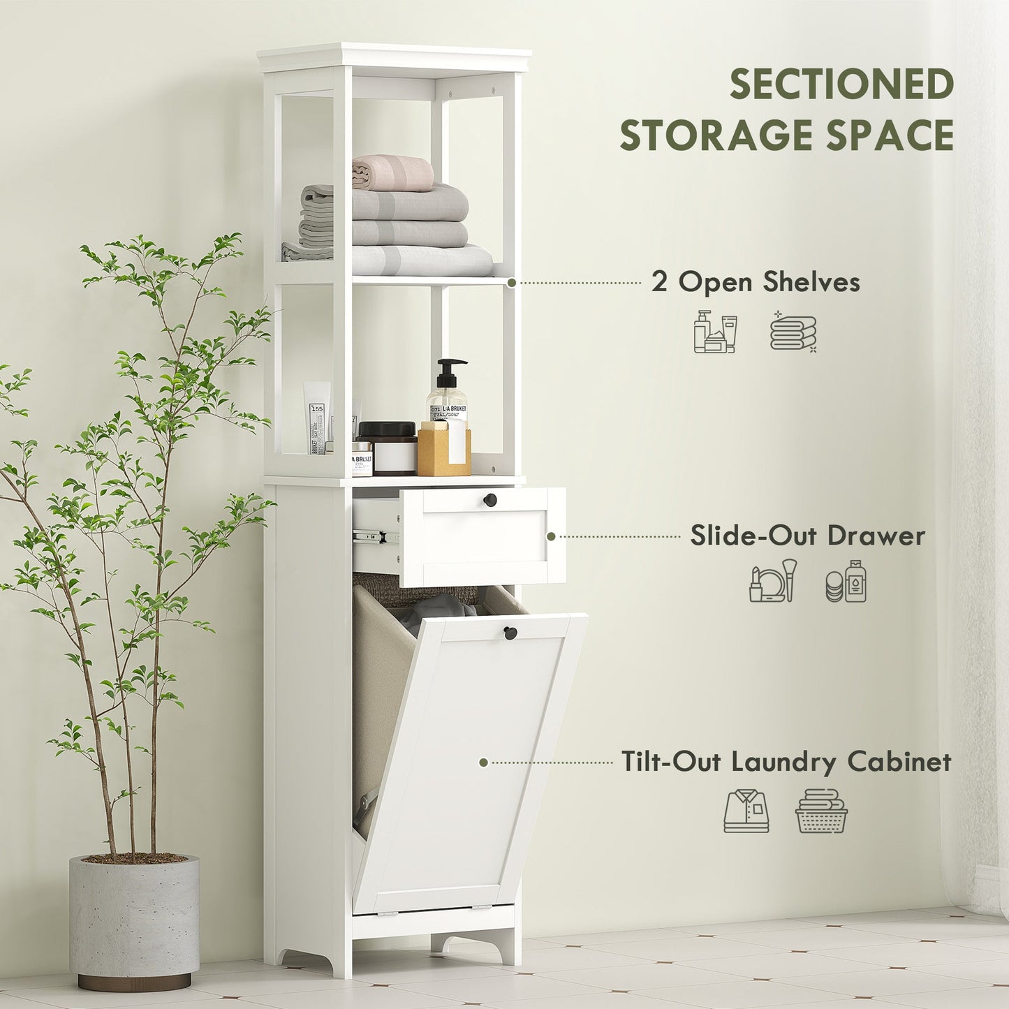HOMCOM Tall Bathroom Cabinet, with Laundry Basket - White