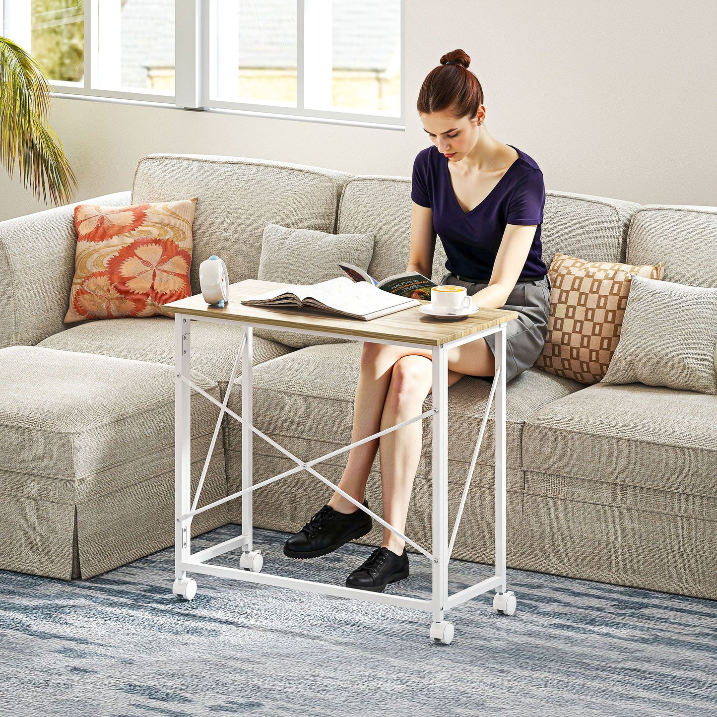 HOMCOM 80 cm Folding Desk on Wheels - Natural Tone
