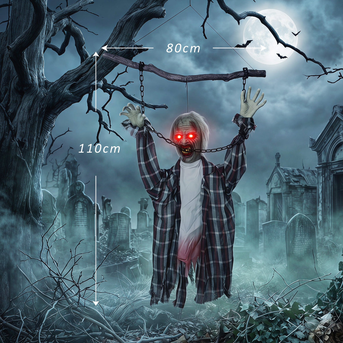 HOMCOM 110cm Screaming Animated Hanging Halloween Decoration, Sound Touch Activated Zombie Decor with Glowing Red Eyes