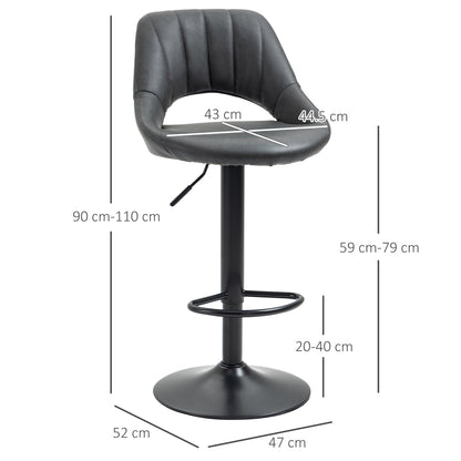 HOMCOM Bar Stools Set of 2, Swivel Counter Height Barstools with Back, Adjustable PU Leather Bar Chairs, Modern Armless Kitchen Island Stool, Dark Grey