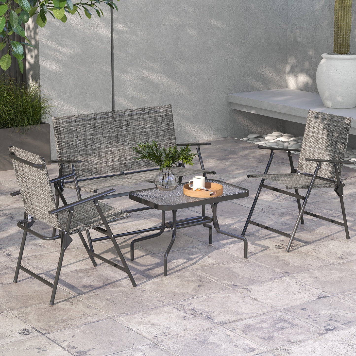 Outsunny Outdoor\'c2\'a04 Pieces Patio Furniture Set with Breathable Mesh Fabric\'c2\'a0Seat & Backrest,\'c2\'a0Garden Set with Two Foldable Armchairs, a Loveseat &\'c2\'a0Glass\'c2\'a0Top\'c2\'a0Table, Mixed Grey